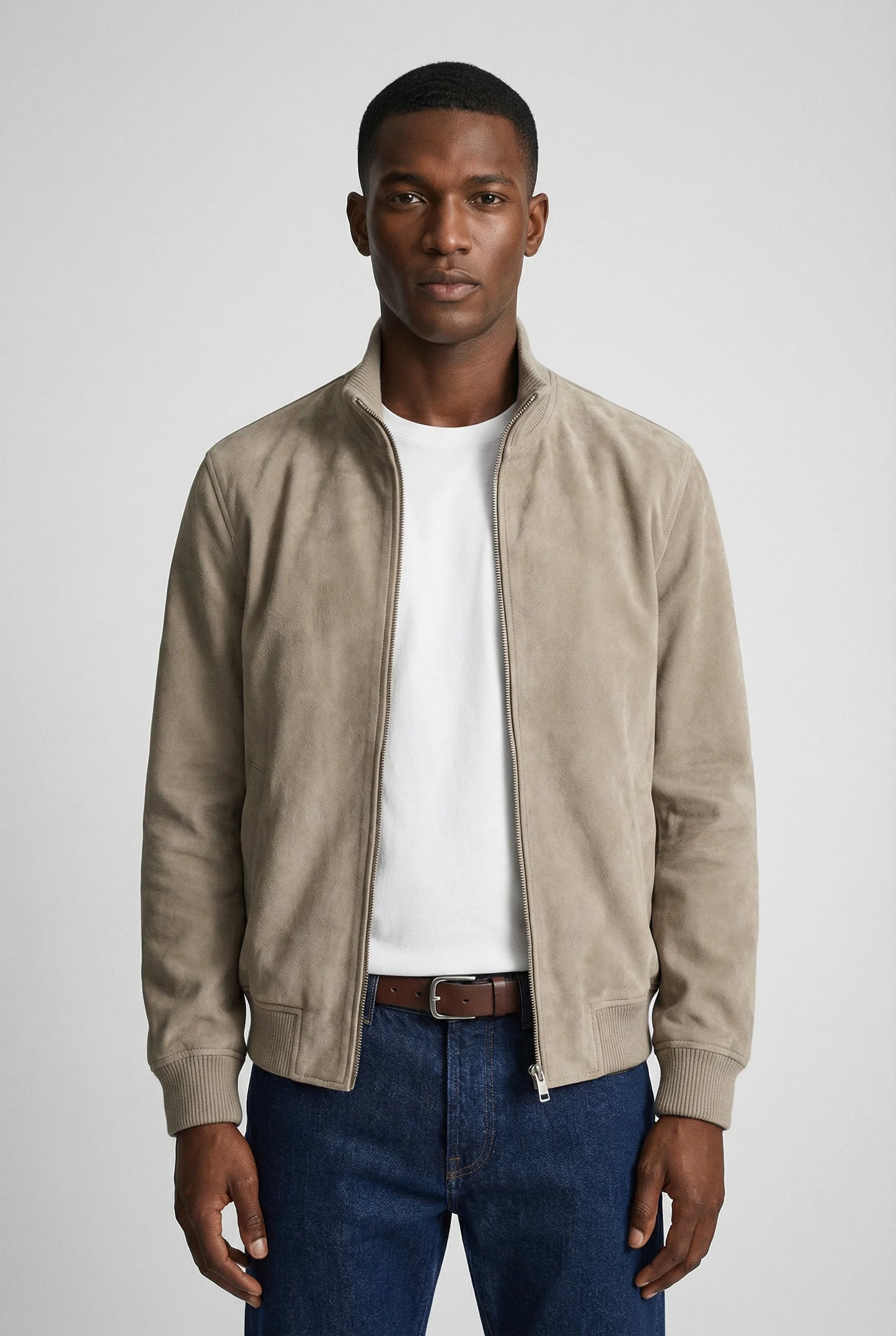 Khaki slim fit suede jacket for men by Ilynora, front view with clean tailored fit and minimal modern design