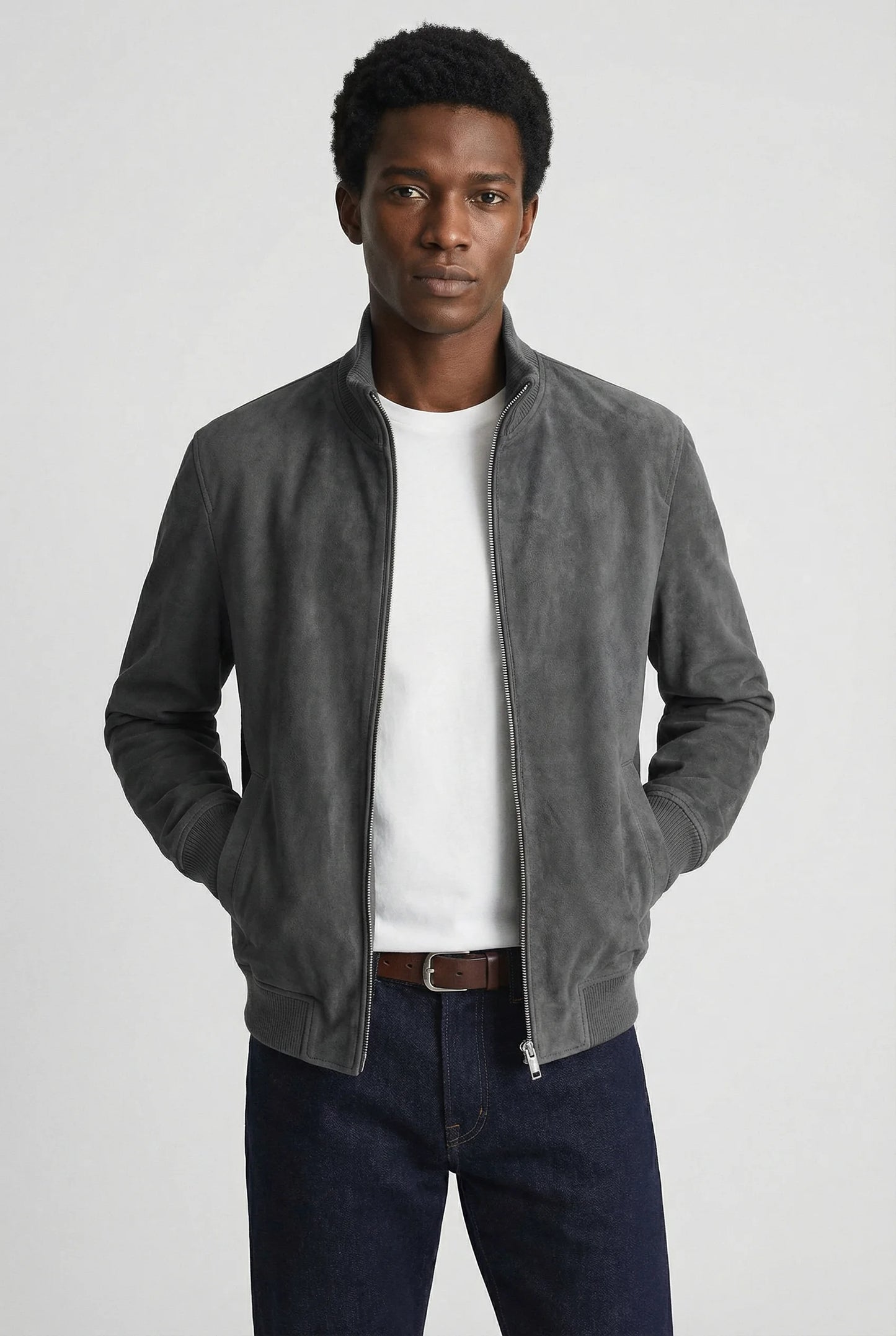 Light grey slim fit suede jacket for men by Ilynora, front view with zip closure and clean modern silhouette
