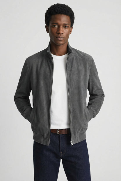 Light grey slim fit suede jacket for men by Ilynora, front view with zip closure and clean modern silhouette