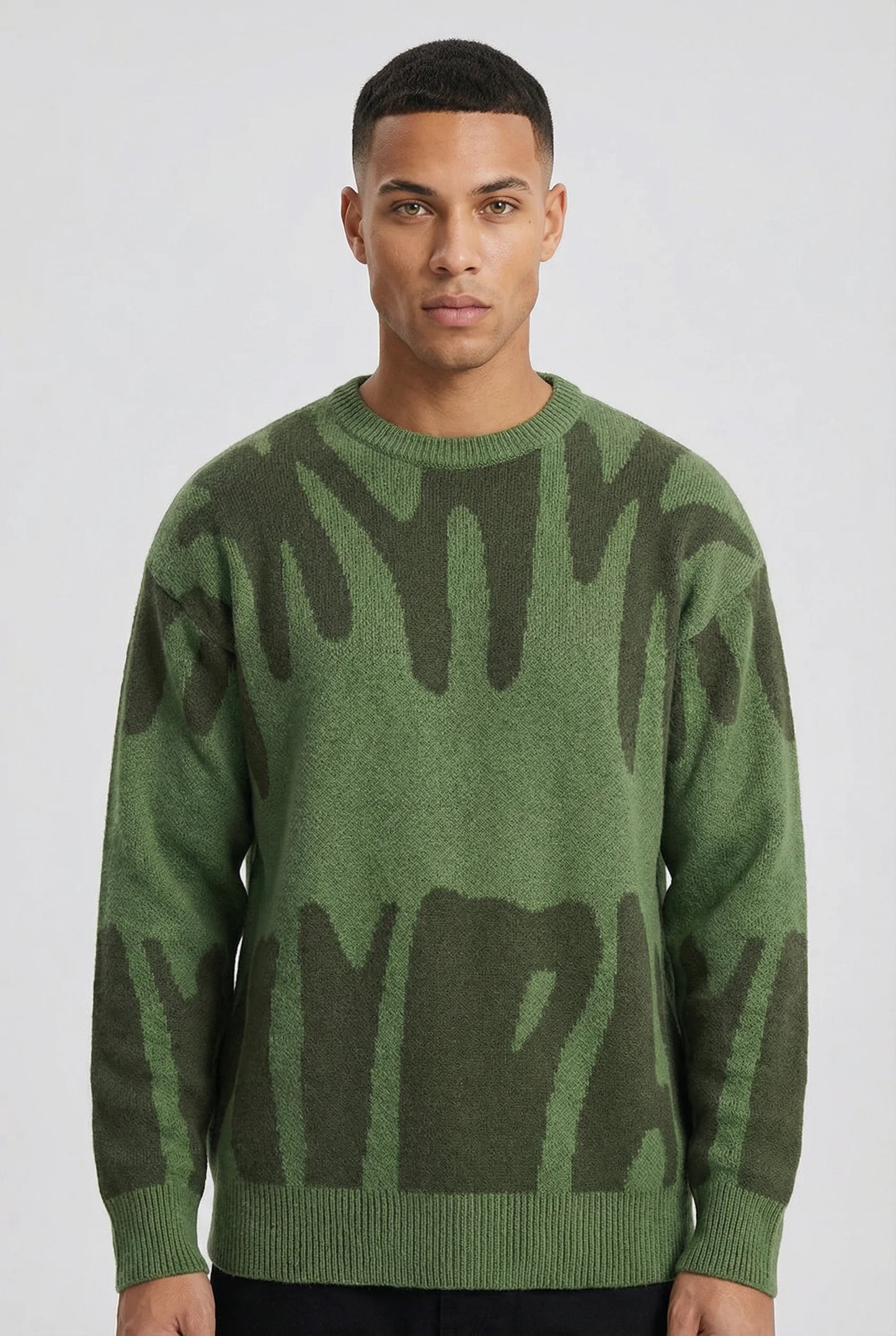 Green abstract jacquard knit crew neck jumper for men by Ilynora London, modern relaxed fit sweater