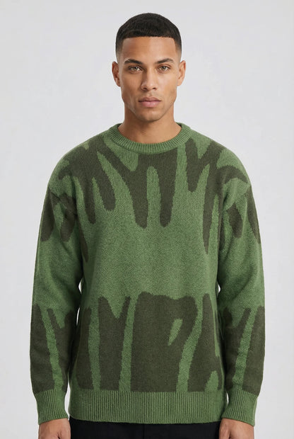 Green abstract jacquard knit crew neck jumper for men by Ilynora London, modern relaxed fit sweater