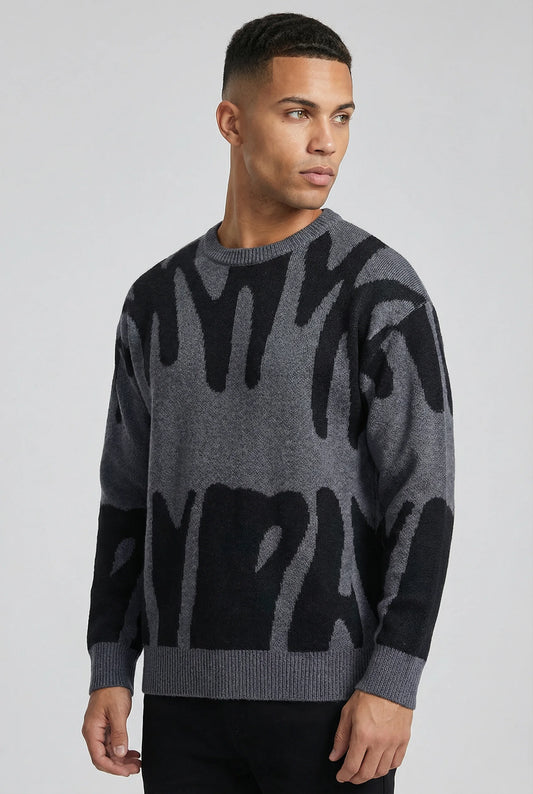 Grey abstract jacquard knit crew neck jumper for men by Ilynora London, side view with modern relaxed fit