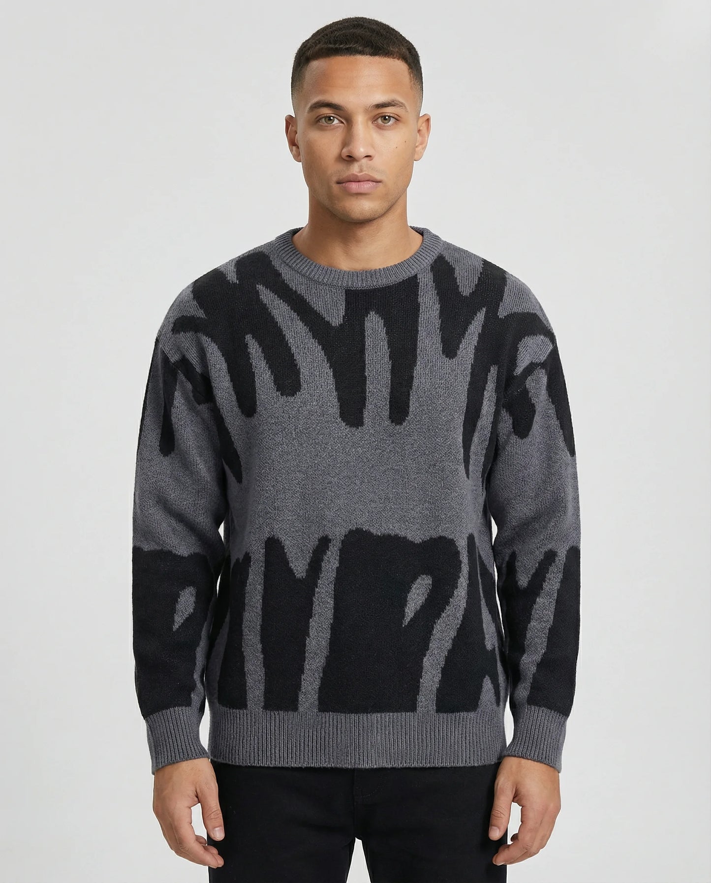 Grey abstract jacquard knit crew neck jumper for men by Ilynora, modern relaxed fit sweater