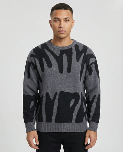 Grey abstract jacquard knit crew neck jumper for men by Ilynora, modern relaxed fit sweater