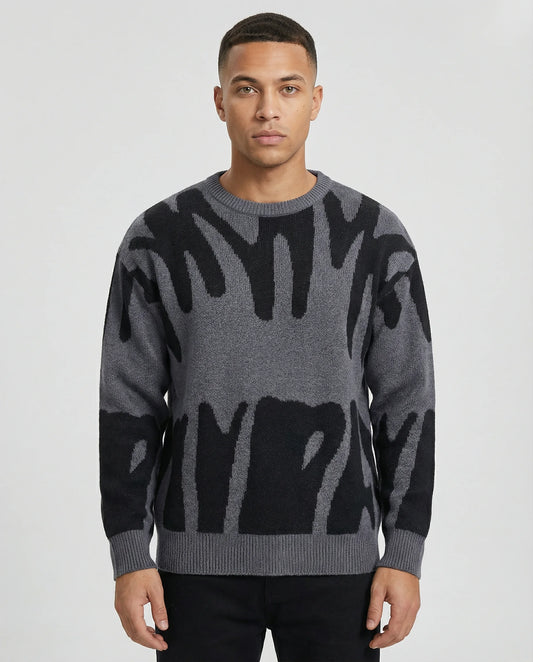 Grey abstract jacquard knit crew neck jumper for men by Ilynora, modern relaxed fit sweater