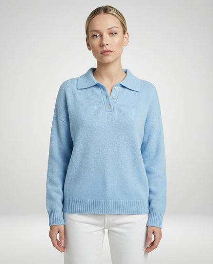 Blue relaxed knit polo sweater for women by Ilynora, front view with soft texture, collar detail and modern minimal fit