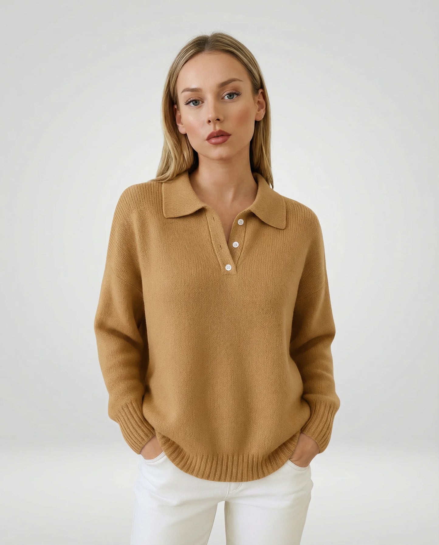 Bronze relaxed knit polo sweater for women by Ilynora, front view with soft texture, collar detail and modern minimal fit