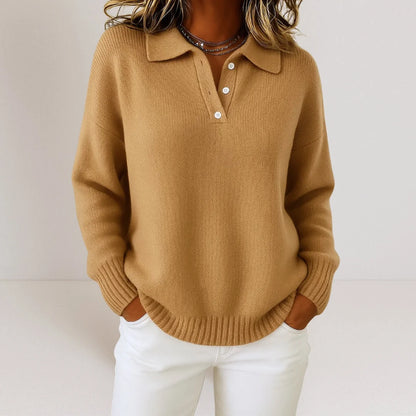 Bronze relaxed knit polo sweater for women by Ilynora, close-up view highlighting soft texture, collar detail and relaxed fit