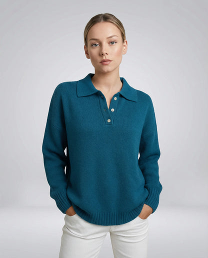 Navy relaxed knit polo sweater for women by Ilynora, front view with soft texture, collar detail and modern minimal fit