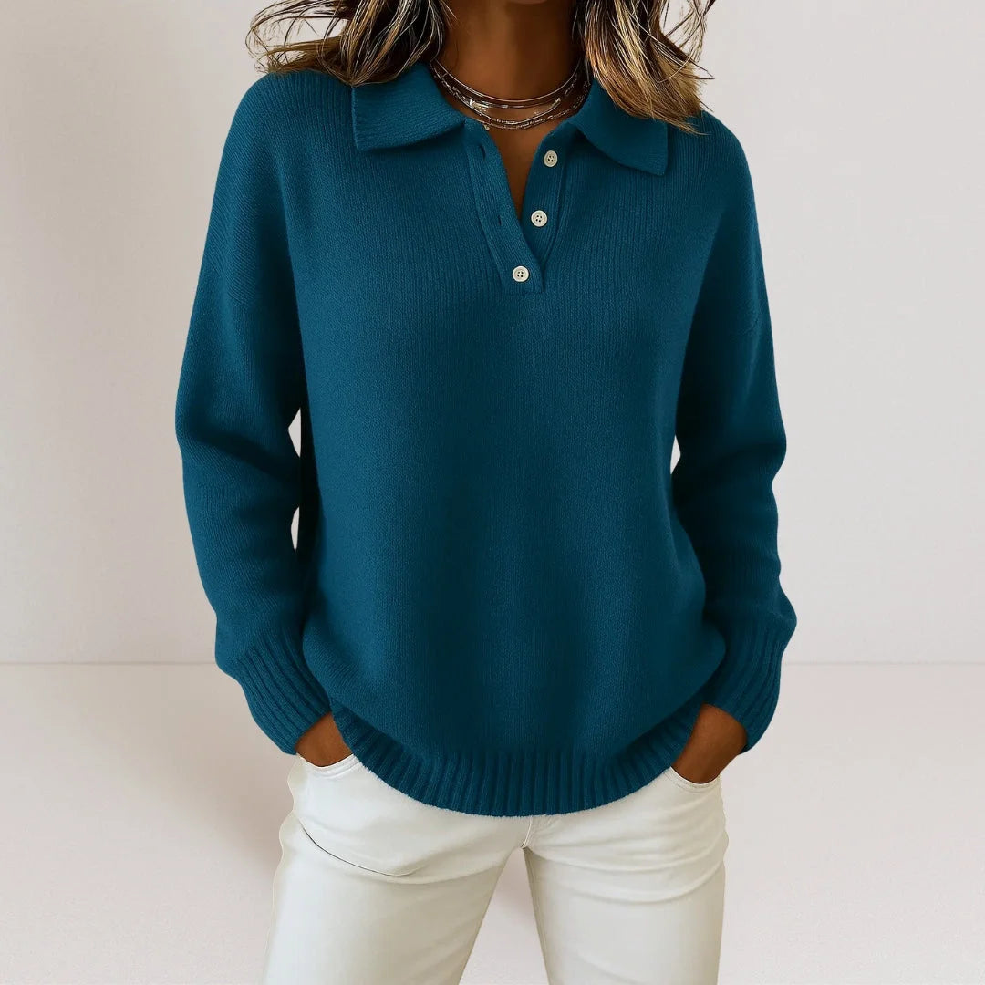 Navy relaxed knit polo sweater for women by Ilynora, close-up view highlighting soft texture, collar detail and relaxed fit