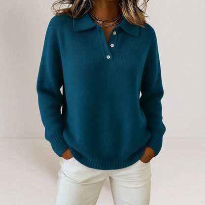 Navy relaxed knit polo sweater for women by Ilynora, close-up view highlighting soft texture, collar detail and relaxed fit