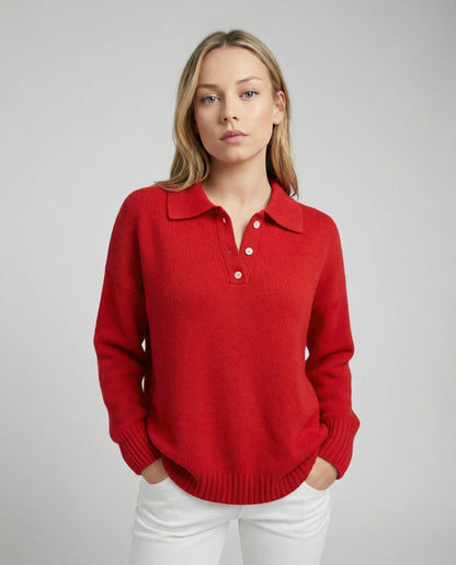 Red relaxed knit polo sweater for women by Ilynora, front view with soft texture, collar detail and modern casual fit
