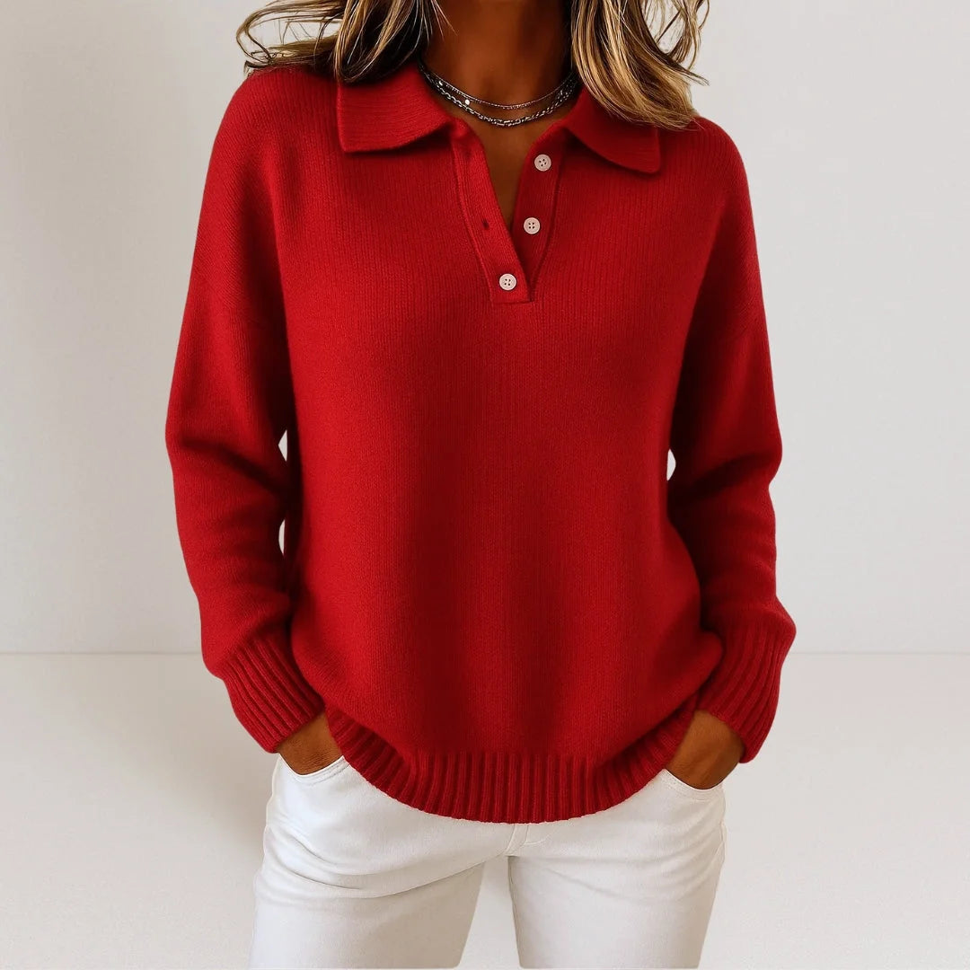 Red relaxed knit polo sweater for women by Ilynora, close-up view highlighting soft texture, collar detail and relaxed fit