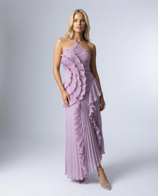 Women's ruffle pleated maxi dress in purple by Ilynora, front view with asymmetric ruffle detail and flowing silhouette