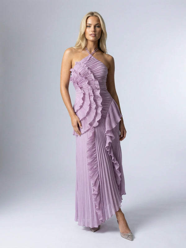 Women's ruffle pleated maxi dress in purple by Ilynora, front view with asymmetric ruffle detail and flowing silhouette