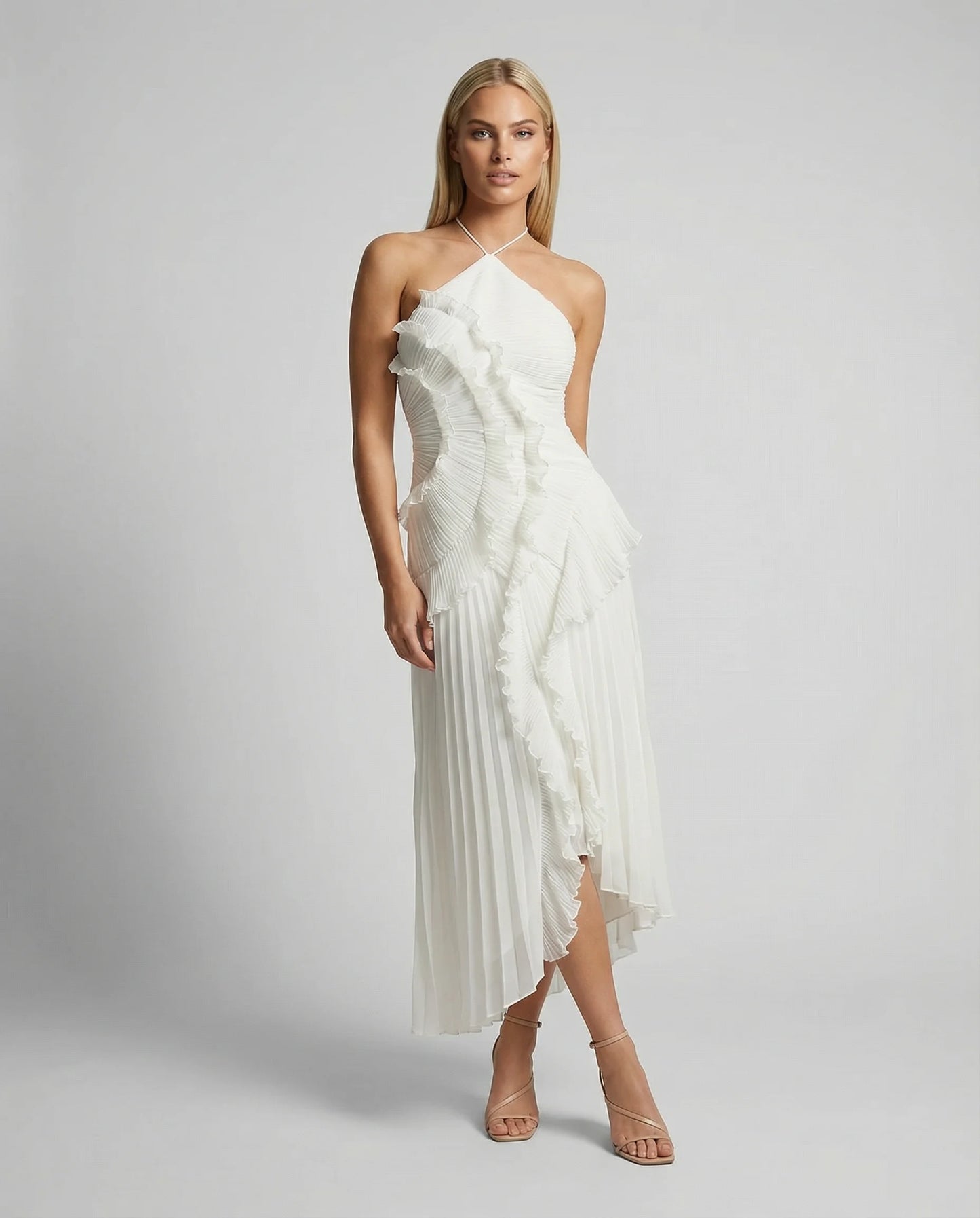 Women's ruffle pleated maxi dress in white by Ilynora, front view with elegant pleats and flowing silhouette