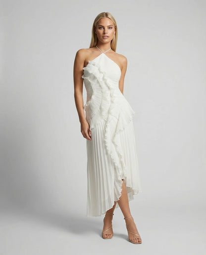 Women's ruffle pleated maxi dress in white by Ilynora, front view with elegant pleats and flowing silhouette