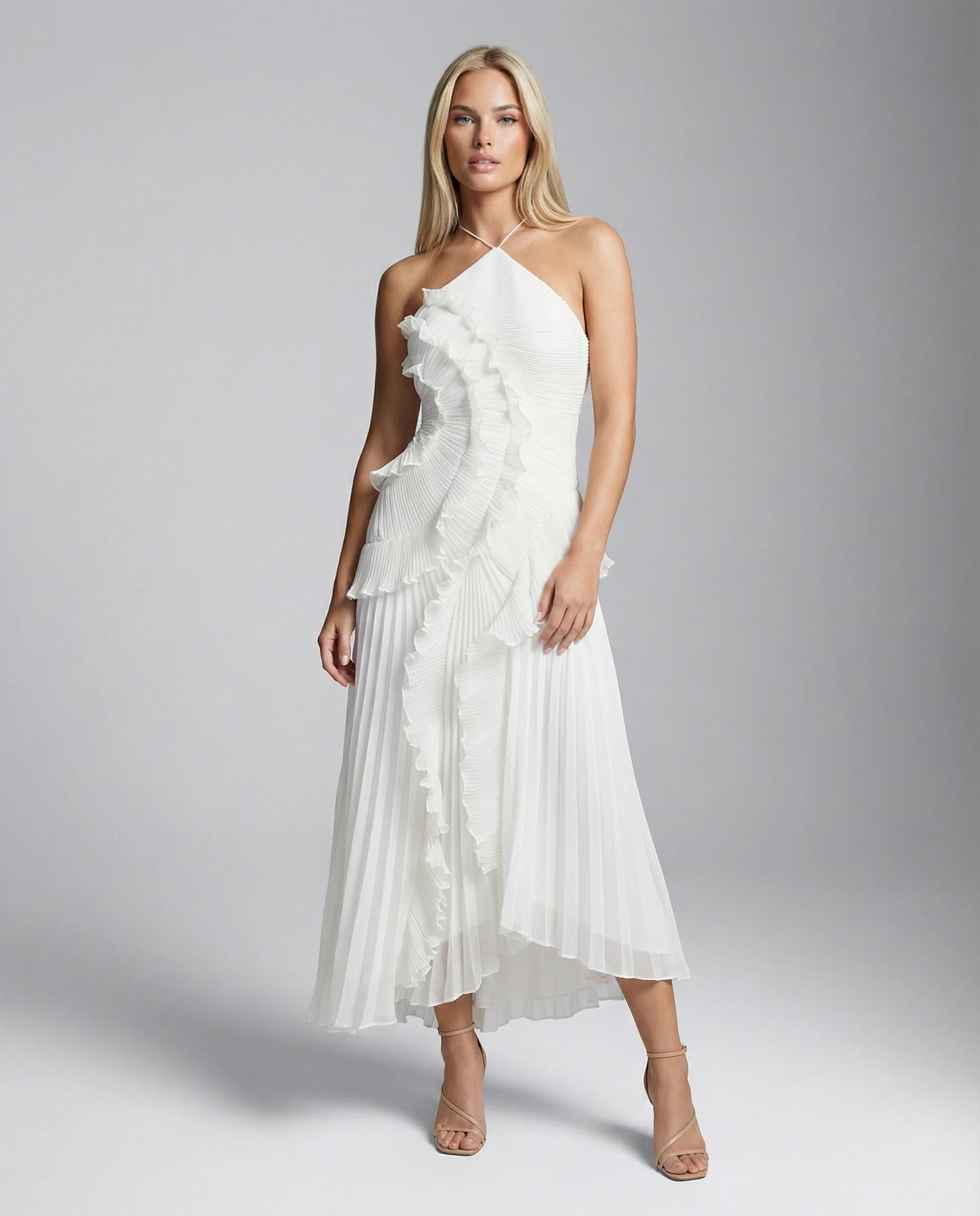 White ruffle pleated maxi dress for women by Ilynora, side view highlighting lightweight fabric and movement