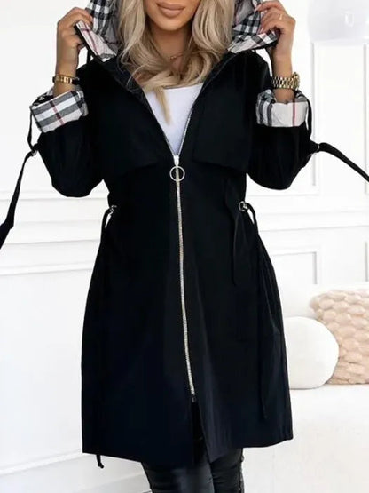 Women's Plaid Lined Waterproof Windproof Hooded Zip Coat