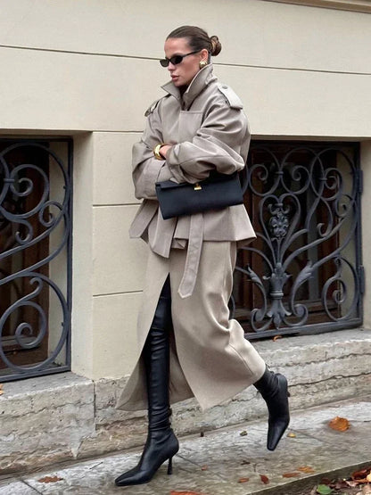 Women's Lapel Lace Up Waist Cinching Trench Coat