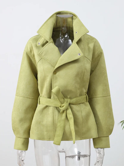 Women's Lapel Lace Up Waist Cinching Trench Coat