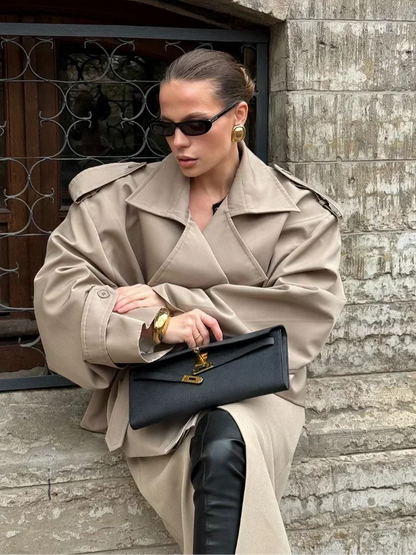 Women's Lapel Lace Up Waist Cinching Trench Coat