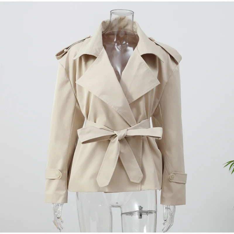 Women's Lapel Lace Up Waist Cinching Trench Coat