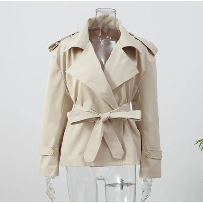 Women's Lapel Lace Up Waist Cinching Trench Coat