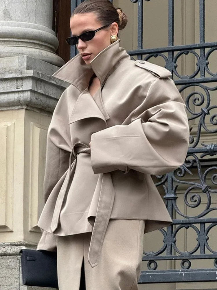 Women's Lapel Lace Up Waist Cinching Trench Coat