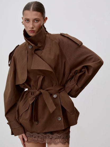 Women's Lapel Lace Up Waist Cinching Trench Coat