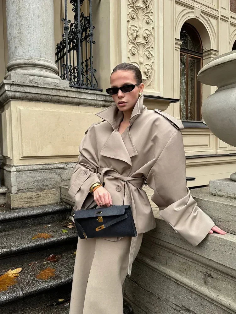 Women's Lapel Lace Up Waist Cinching Trench Coat