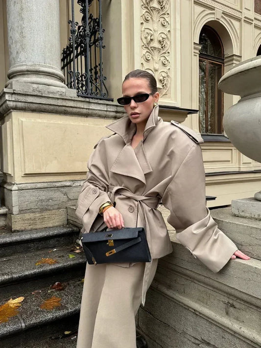 Women's Lapel Lace Up Waist Cinching Trench Coat