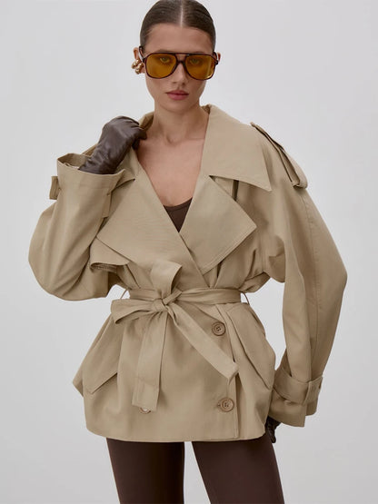 Women's Lapel Lace Up Waist Cinching Trench Coat