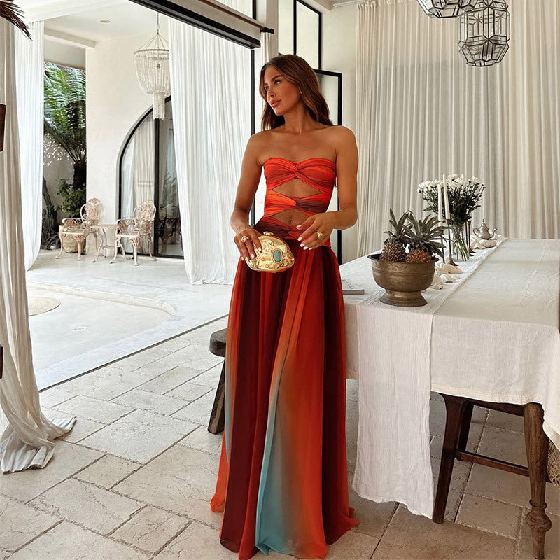 Women's Flowing Strapless Cut Out Maxi Dress