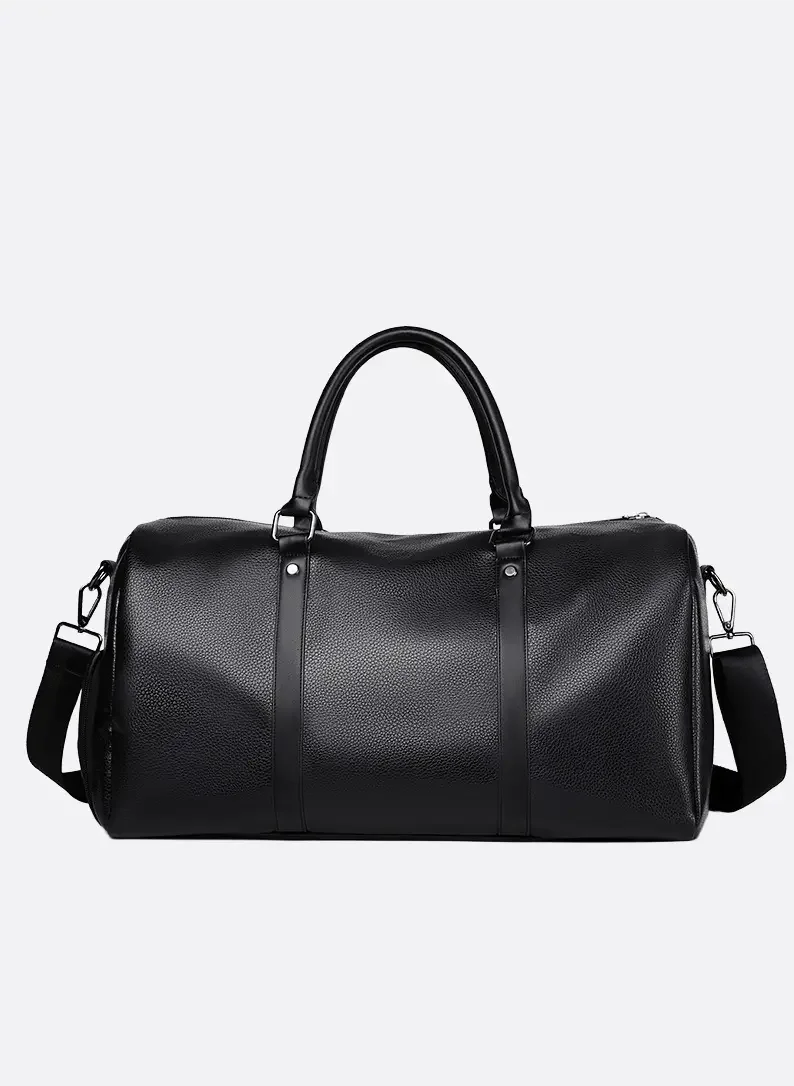 Black all-in-one gym and travel duffel bag with premium leather-look finish, spacious interior and adjustable shoulder strap by ILYNORA