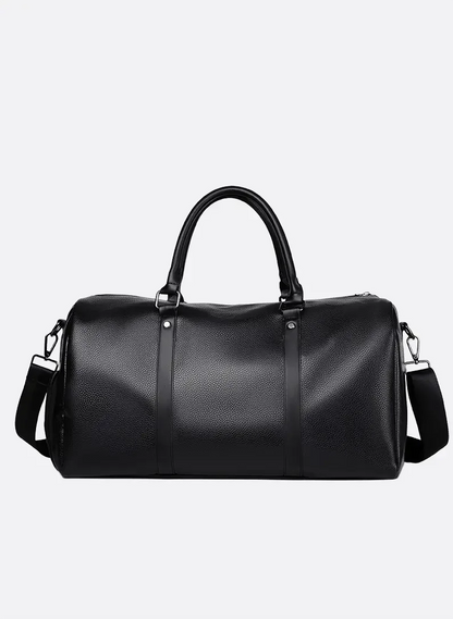 Black all-in-one gym and travel duffel bag with premium leather-look finish, spacious interior and adjustable shoulder strap by ILYNORA