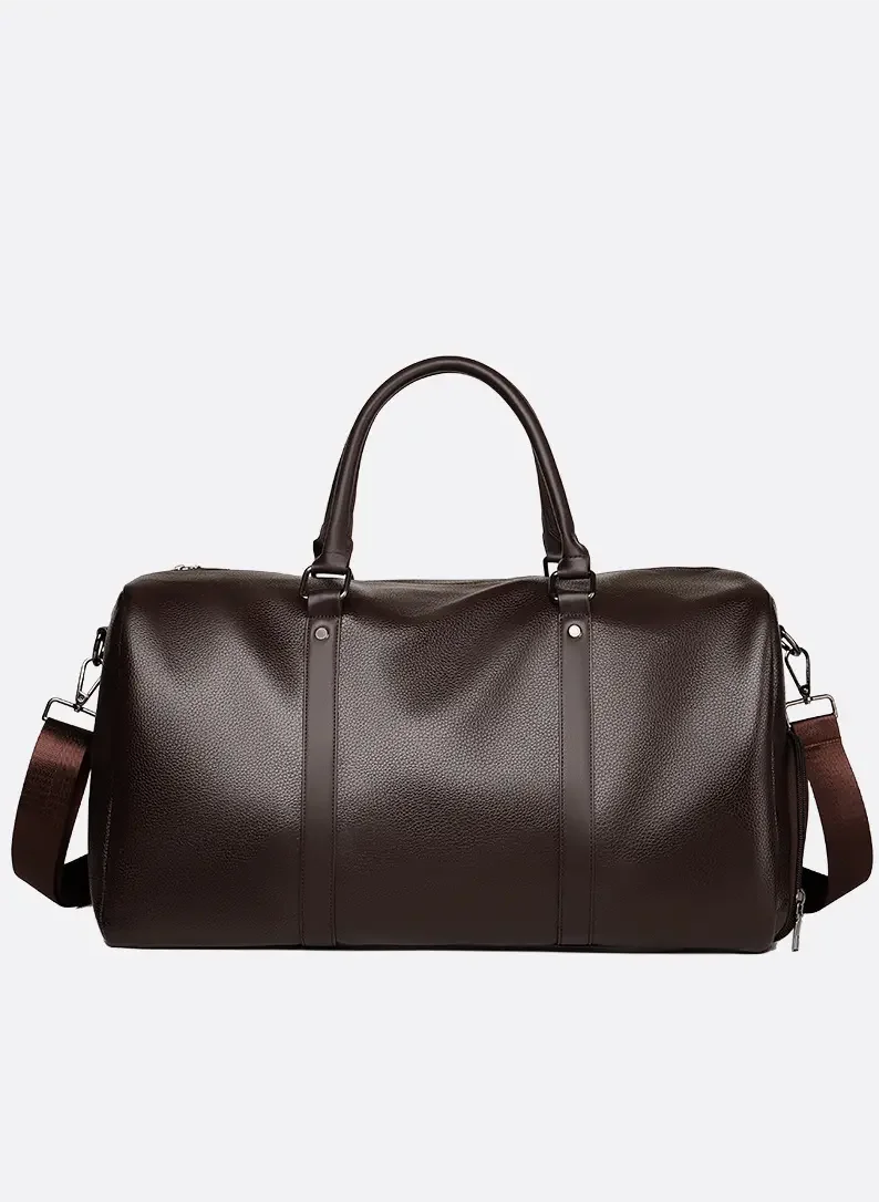 Brown all-in-one gym and travel duffel bag with premium leather-look finish, spacious interior and adjustable shoulder strap by ILYNORA