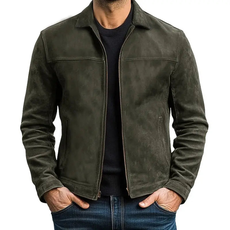 ILYNORA army green classic faux leather zip up jacket front view