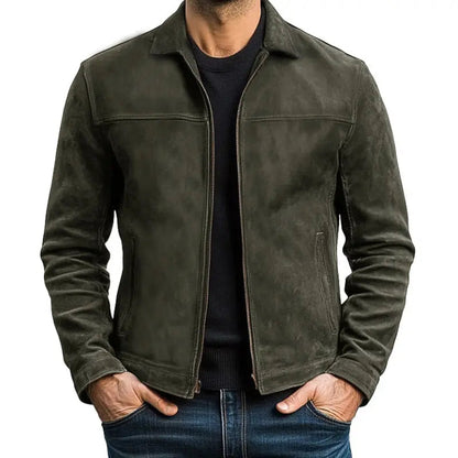 ILYNORA army green classic faux leather zip up jacket front view
