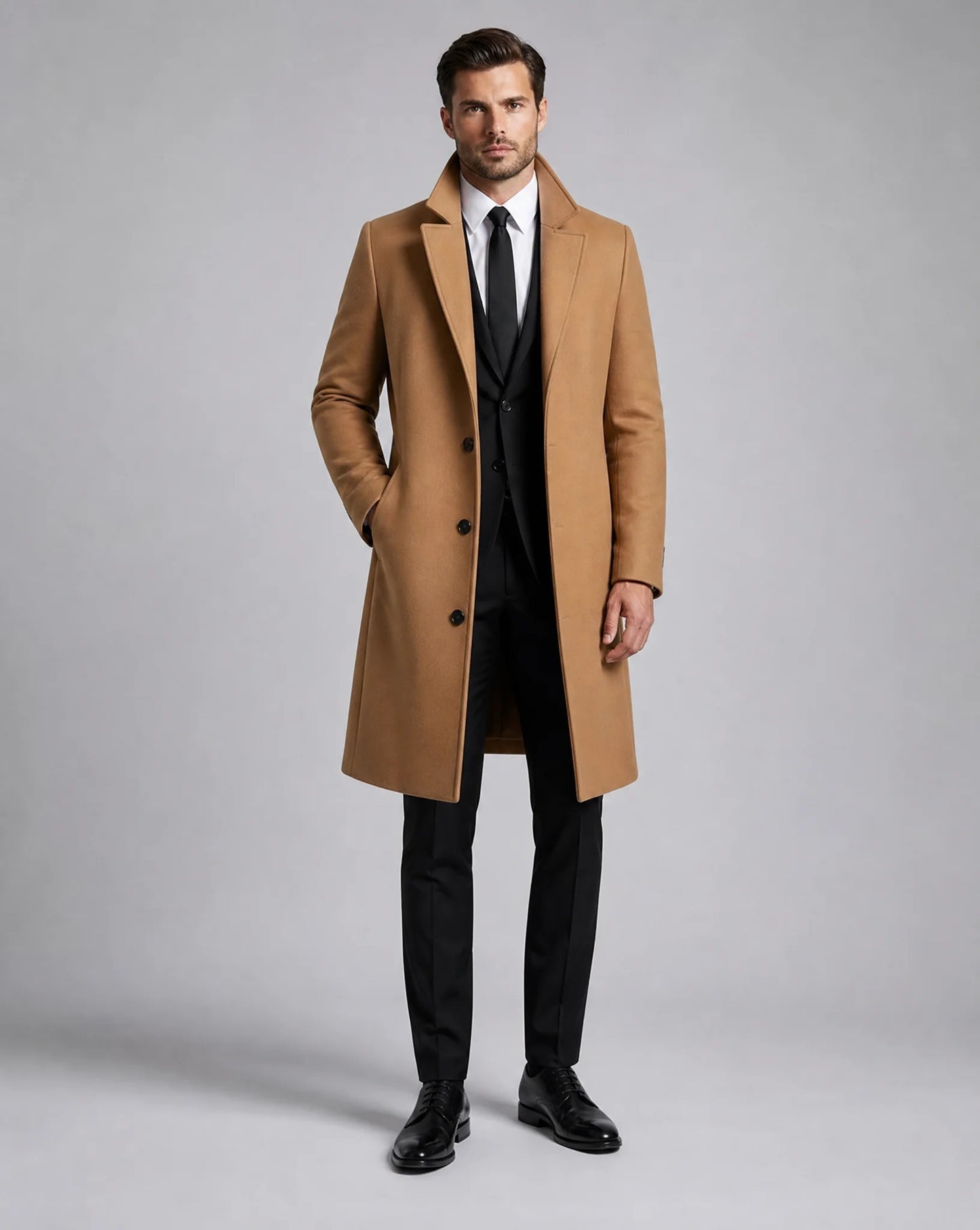 ILYNORA beige classic tailored long overcoat front view