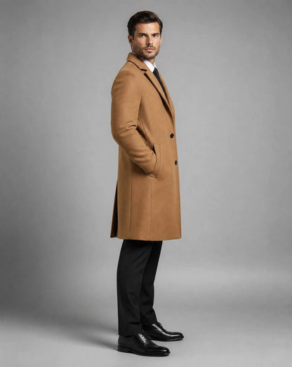 ILYNORA beige classic tailored long overcoat side view