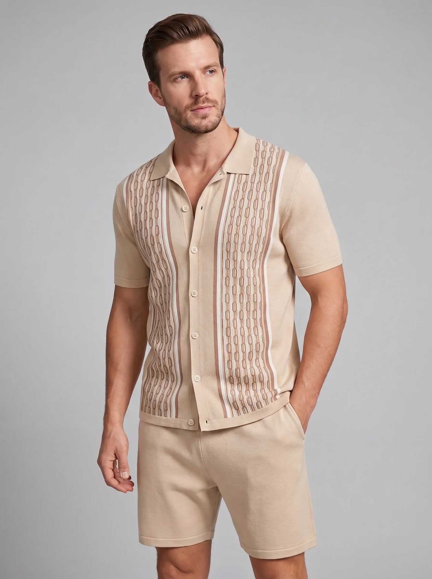 ILYNORA beige short sleeve shirt and shorts set front view