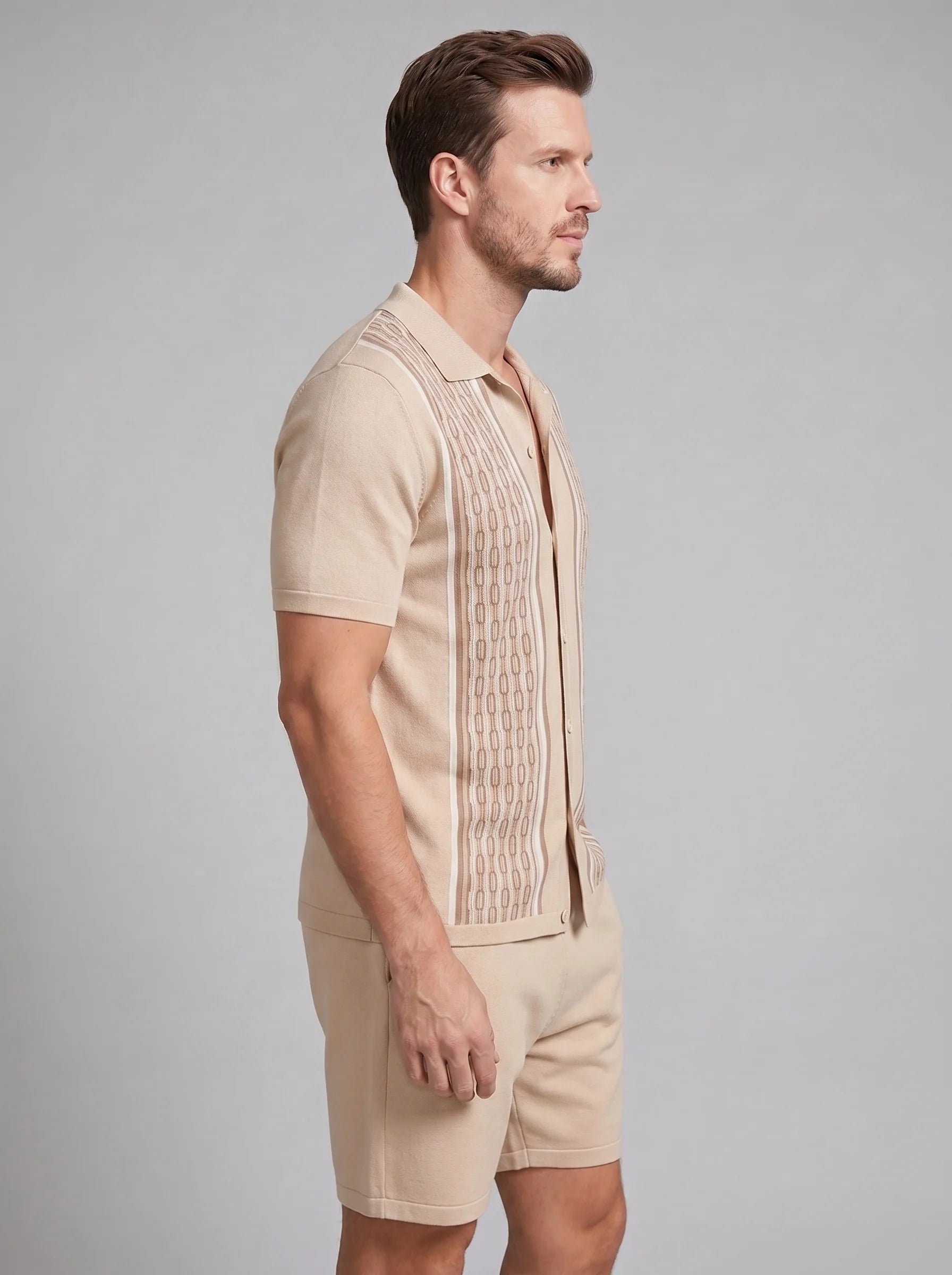 ILYNORA beige short sleeve shirt and shorts set side view