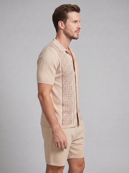 ILYNORA beige short sleeve shirt and shorts set side view