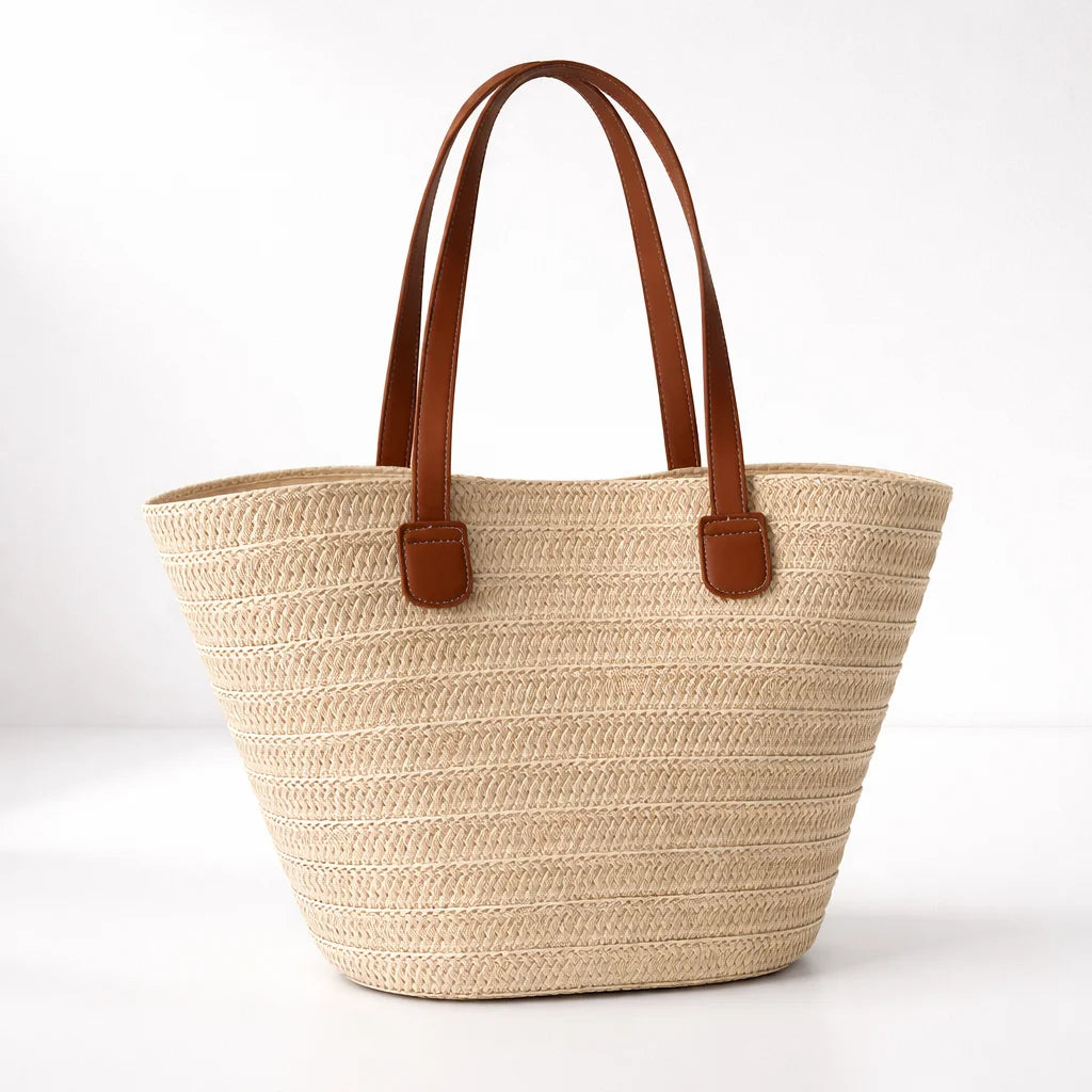 ILYNORA beige woven straw tote bag with brown handles for beach, holidays and summer outings
