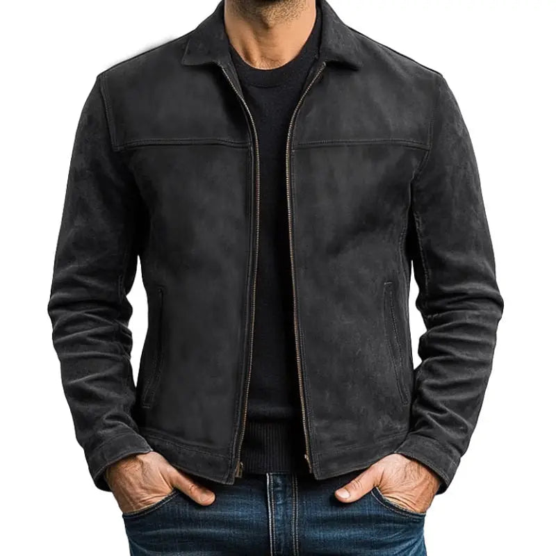 ILYNORA black classic faux leather zip up jacket front view