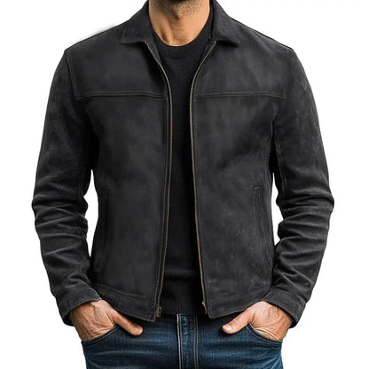 ILYNORA black classic faux leather zip up jacket front view