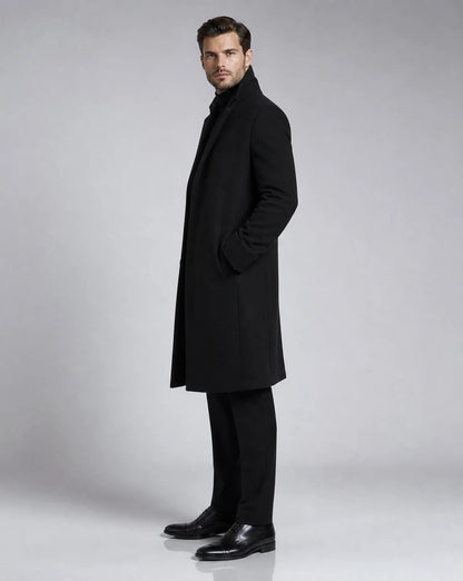 ILYNORA black classic tailored long overcoat side view