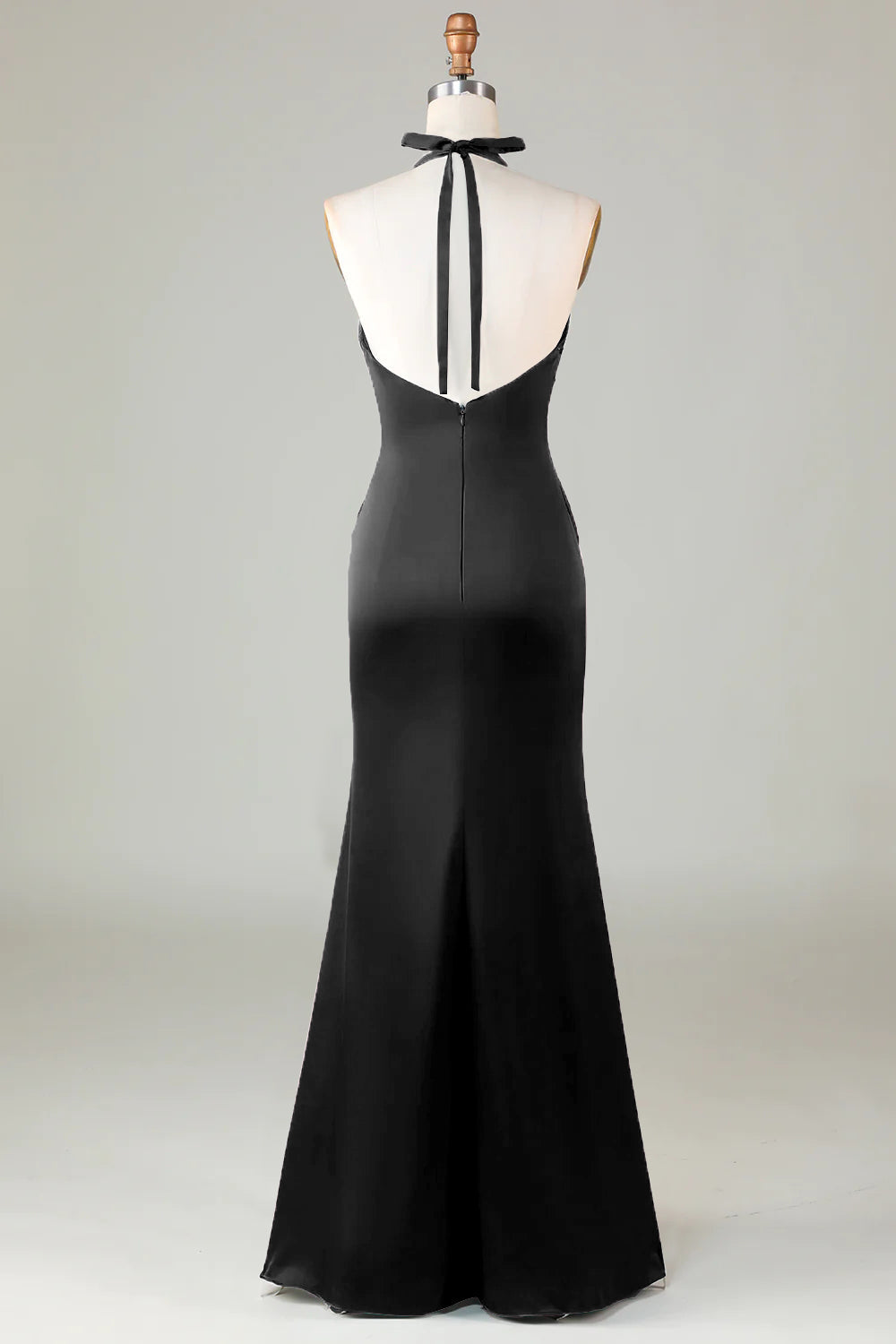 ILYNORA black halter neck satin formal dress back view