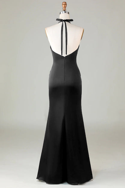 ILYNORA black halter neck satin formal dress back view